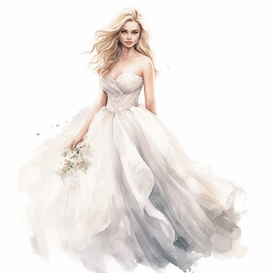 beautiful bride with blonde hair and big wedding dress watercolor clipart, single image, white background
