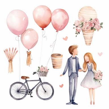 Watercolor wedding cute illustrations clipart set, simple, soft colors, cartoon elements, different variants, girl with long braids on wedding day, wedding, husband and wife, veil, garland, balloons, wedding bouquet, gold rings, wedding cake, wooden elements, they sit on a bench, on a car, on a bicycle, white transparent background, separate elements with a margin