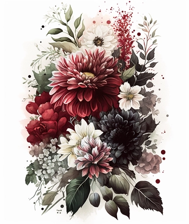 tall floral bouquet depicted in a watercolor clipart, featuring crimson, white, and black flowers in honor of Alabama University. The bouquet includes hydrangeas, dahlias, and peonies with green leaves and stems intertwined throughout