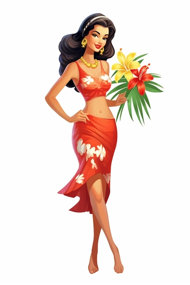hawaiian woman on beach, retro cartoon, drawing clipart, Tropical Sublimation, Coconut Girl, Hibiscus, white background