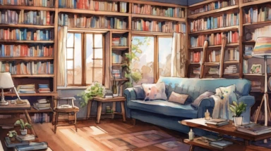 A captivating watercolor school clipart showcasing a cozy library within a school, filled with rows of bookshelves displaying a colorful array of books, a reading nook with plush cushions and a cozy fireplace, sunlight streaming through large windows, casting a warm glow on the pages, the delicate watercolor strokes capturing the tranquility and inspiration found within the world of books, Illustration, watercolor painting,