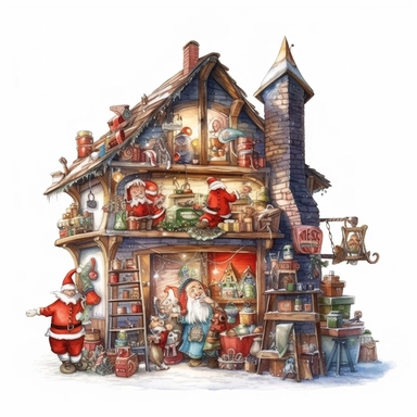 watercolor style, Santa's workshop: A depiction of Santa's magical workshop, bustling with elves, toys, and gift preparations. Clipart, isolated on white background, 4K
