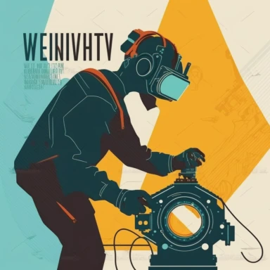 vr headset, virtual reality, industrial worker, poster, learning in vr gogle, repairing machine, simplistic, abstract, vector, 2d illustration, clipart, few colors, industrial, hi-tech