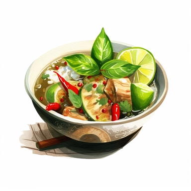 watercolor, hyper realistic, white background, white margins, 16k, ultra detailed clipart, cut out image, hand-drawn a spicy Thai green curry with chicken, served in a ceramic bowl with a side of steamed rice, and garnished with basil leaves, chili peppers, and lime wedges. in the style of anime art, frostpunk, photo-realistic drawings, villagecore, lively and energetic, high quality, anime