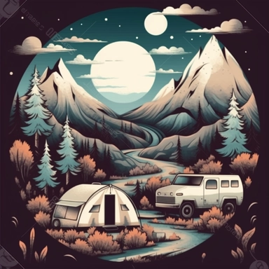 Retro , Vintage Retro night, Retro Vintage Clipart ,camping scene in the mountains, with campers, tents, clouds, flat digital 5 Color Palette Graphic