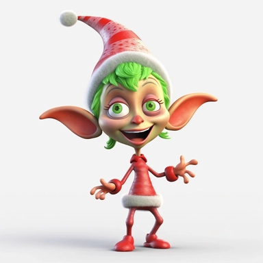 clipart of a crazy female christmas elf, there is a funny face on it, cartoon, for kids, funny, pixar, 8k, white background, sharp focus, detailed,