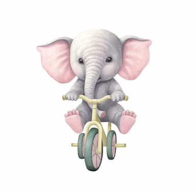 nursery cartoon clip art, cute baby elephant, riding a bike, soft pastel colors, clean isolated image, plain white background,