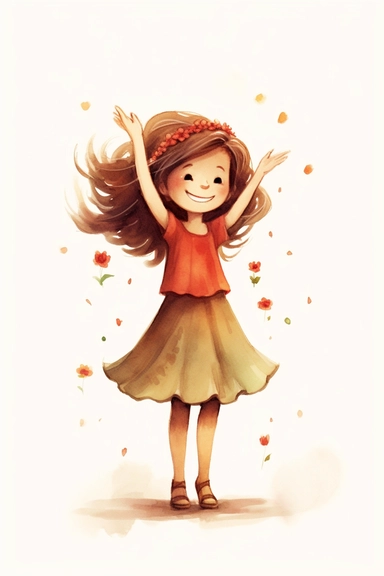 Love in you, girl, dancing, full body, happy face, brown hair, flower on head, red shirt, skirt, beautiful thoughts, self love, self confidence, watercolor, simply drawn for children book, handrawn watercolor graphic clipart, beige background, 16k