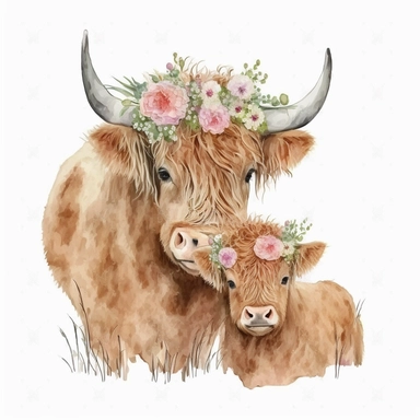 Highland Cow mother and baby with a summer hat, flowers, Clipart, Watercolor, Clipart, Farm Animal, Watercolor, Clipart, Farm Animal, clipart, image only