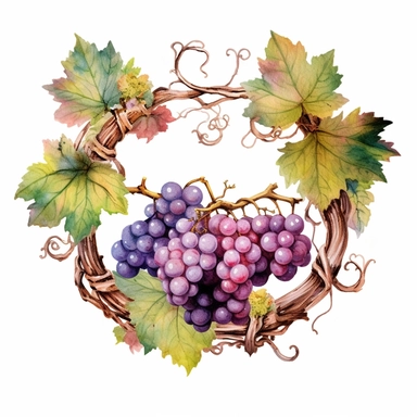 Fantasy Style crown around with grapes and grapevines at the forest full of vineyard,grape trees,grapevines with watercolor effect,grapwines and grapes,suitable for digital clipart,white background,Mythologic Scene