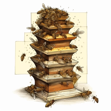 An artistic representation of a Warré hive, known for its vertical stacking system, with bees gracefully entering or exiting the hive's multiple boxes. (Digital drawing clipart, image black border color, full body, flat texture, transparent background)