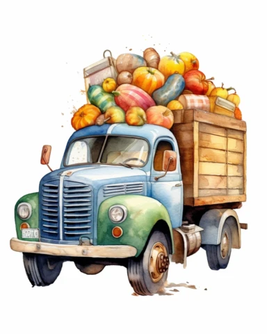 Watercolor clipart a cute farm truck wiyh loads of pumpkins, isolated on white background, hyper realistic, 4k
