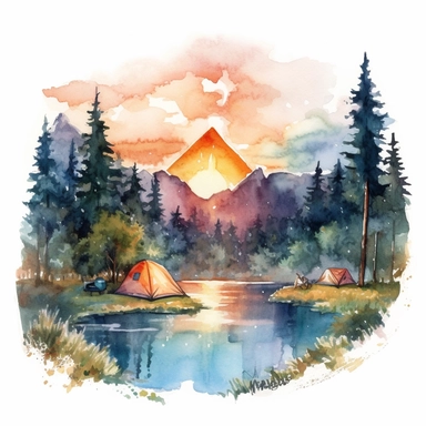 white background,retro matt watercolor,HD night camp with a sun over the mountains and trees,maybe a lake,in the style of vibrant illustration,baroque chiaroscuro drama,multilayered realism,tonalist skies,detailed campsite,fantasy realism,colorful,clipart