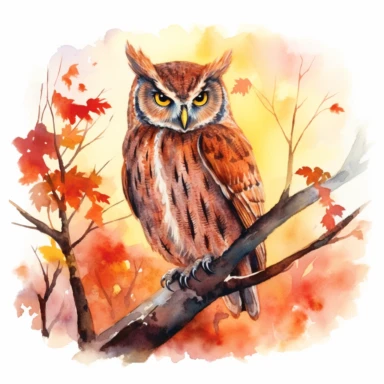 Draw a watercolor-style clipart of a Screech Owl perched on a branch of an autumnal maple tree, with a backdrop of a spectacular sunset. The warm autumn colors of red, orange, and gold should be reflected in the owl's eyes and plumage. Use the fluidity and blending properties of watercolor to create a serene and calming picture