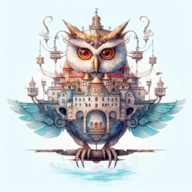 Clipart with white background: Capture the allure of an alternate reality by painting a steampunk fantasy owl against a backdrop of towering airships and floating islands watercolor