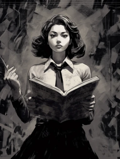 a newspaper clip art illustration for a beautiful anime girl, in the style of large-scale murals, dark palette chiaroscuro, movie poster, mori kei, captivating documentary photos