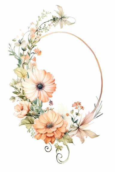 watercolor clipart of a empty suttle dainty floral oval frame surrounded by peach color flowers and cream color flowers. Capture the essence of blooming beauty and intricate details in your artwork, white background