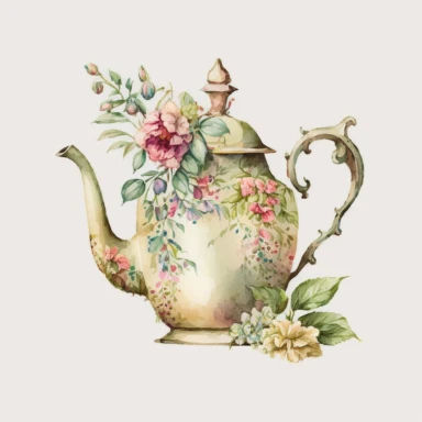 Vintage old school floral tea pot, watercolour clipart, olden days