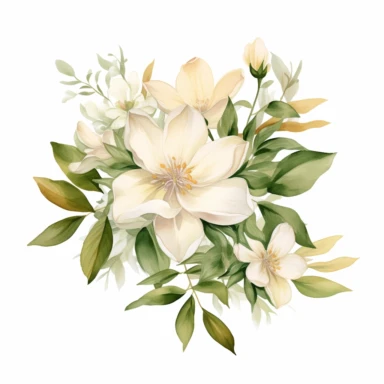 beige colored jasmine flower arrangement with watercolor effect,suitable for digital clipart,white background,green leaves