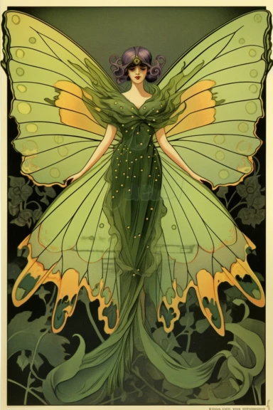 Vintage 1920 Symmetrical Fully Clothed Female Fairy with Large green Wings on its back Illustration, Chromolithograph, 1920s Illustration, Vintage, Antique, Ephemera, Clipart, 8k, on a vintage magazine cover