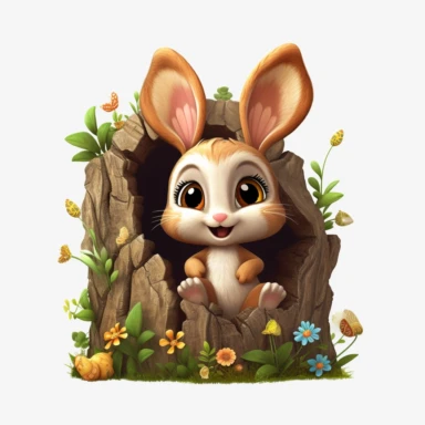 adorable bunny with bright eyes and a curious expression. peeking out from a cozy hollow in a tree trunk, surrounded by moss, mushrooms, butterflies Fairytale Cartoon Art Style, Full Body Image and Appearance, 3D-Designed Character, in style of clipart with no background
