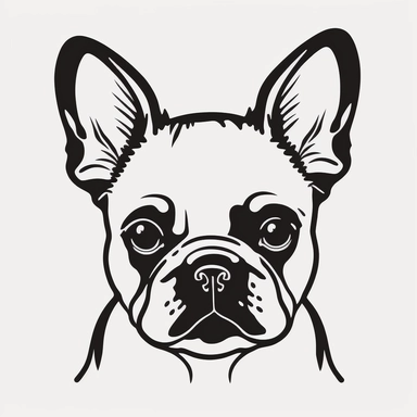 simple outline of a front facing French Bulldog dog head, kids cartoon, minimalist, black on white, lineart, 2d flat file, silhouette, clipart, svg