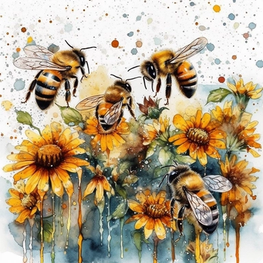 Watercolor Honeybee on a field full of flowers. Clipart Bundle.Everything is full of colourful flowers with green,red,yellow.Summer Clipart. Watercolor flower digital Graphics. Honey Bees, Honey Jar, Honey Drips.watercolor honey bee Clipart. Spring Garden honey dripping from honeycomb. Fantasy,white background. Black and white ink. solution HD : : ultrarealistic,Leica M6 camera with a Leica 50mm f/2 Summicron lens Fujifilm Pro 400H, set the ISO to 400, shutter speed to 1/125, and aperture to f/2