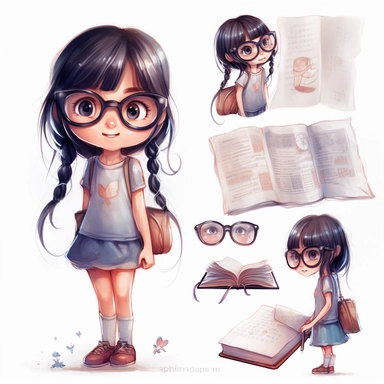 Little girl exploring, character sheet, book illustration, children's book, multiple positions, eleven years old, glasses, ponytail, black hair, Watercolor Clipart, strybk, full Illustration, 4k, sharp focus, watercolor, smooth soft skin, symmetrical, soft lighting, detailed face, concept art, watercolor style, strybk, kid style fairy, chibi kawaii,. Octane rendering, 3d. Perfect face, detailed face, perfect sharp lips, delicate eyes. Craig Davison, Aubrey Beardsley, Conrad Roset, Aikut Aidogdu,