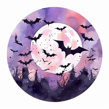 full moon and bats flying in the sky, halloween, clipart, watercolor style--q2--v5.1--s1000