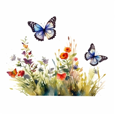 soft watercolor style watercolor butterflies flying in botanical landscape isolated on white background clipart