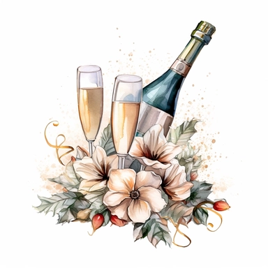 Champagne and Christmas Flowers style by Lucy Fleming, watercolor, smooth gradients, black contour outline, ultra detailed, clipart elements, delicate pastel colors, solid white background, super clear, high quality