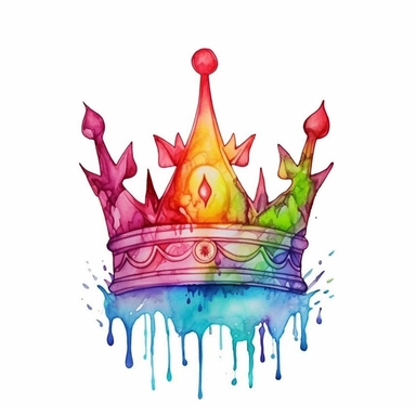 pride, rainbowcore, watercolor tattoo design of a crown color art watercolor drip in transparent overlay, in the style of vibrant spectrum colors, white background, color gradients, chalk art, whimsical yet eerie animal symbolism, vibrant murals, hand-coloring watercolor clipart, white background