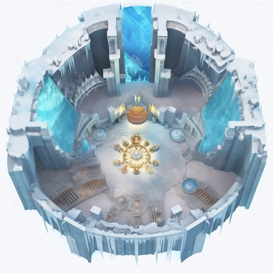 inside of the frozen animation castle ,ice snow castle inside in castle, top view, circle format, clipart