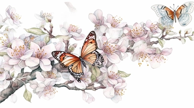 clip art Watercolor art of a cherry blossom branches, butterflies, with soft pastel hues, illustration in the style of Ayami Kojima and J.C. Leyendecker, pixiv, high quality, highly detailed,on white background