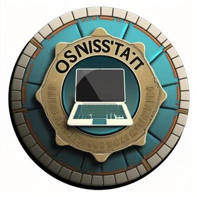 a round badge, front, with serrated edges, for OSINT investigators, with a nameplate and a stylized laptop:, clipart