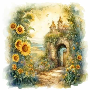 isolated on white illustration watercolor art of a elegant part of a wall from inside the fairy house, the landscape from the garden with sunflowers and a road going into the mountains, a lot of sunflowers, masterpiece by Hans Zatzka style and by Josephine Wall style and by Alexander Jansson style and by Ivan Fedorovich Choultse style, Art Nouveau Architecture, PNG clipart, isolated on white, extreme photorealistic details, 32k HD resolution, realistic high detailization high resolution