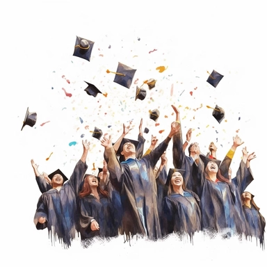 watercolor style, Graduation hat toss: Clipart showing a group of graduates throwing their caps in the air, celebrating the completion of their studies. clipart, isolated on white background, 4K