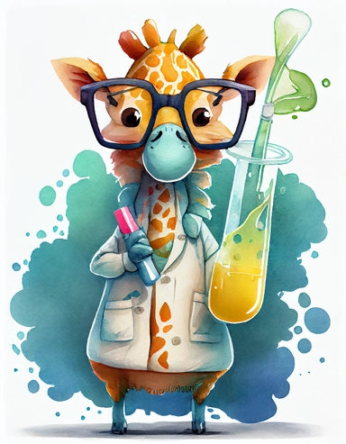 detailed watercolor kawaii giraffe with eyeglasses wearing a lab gown holding a test tube with chemicals, facing front, isolated on a white background, clipart