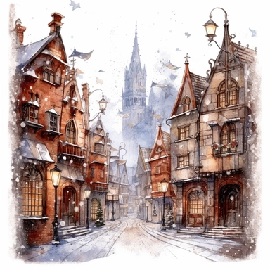 a watercolor illustration, clipart, christmas on the street, in the style of fantasy landscapes, elegant cityscapes, ornamental, medieval, black ink, highly detailed cityscapes, fantastical street, uhd image, isolated on white background