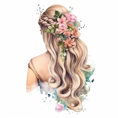 princess watercolour clipart, fantasy illustration, flower hair braids, transparent background, uhd, realistic,