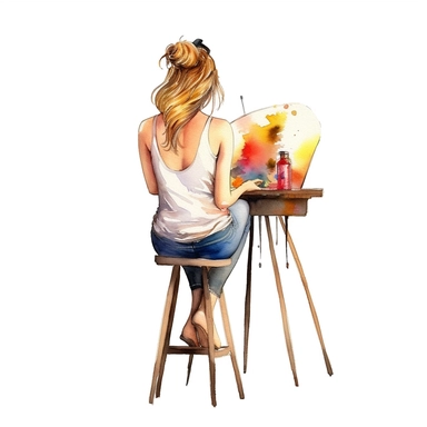 watercolour pretty lady sitting on a stool with wine glass in one hand painting a canvas on an art easel view from behind hd clipart white background
