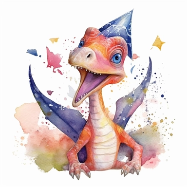 watercolored clipart with pterodactyl, funny and friendly, goofy, silly and playful dinosaur, colored, white background