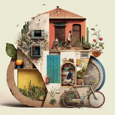 progressive rural architecture, Load bike, urban gardening, kids playing in the street, no cars, healthy living, collage art by Alex Lorenzo, behance contest winner, eclectic, maximalist, mixed media, modern art, eclectic elements, fragments of paper, magazine clippings, found objects, a fusion of different textures, materials and patterns, layered, hd image on behance, featured on behance, collage, unique, modern art