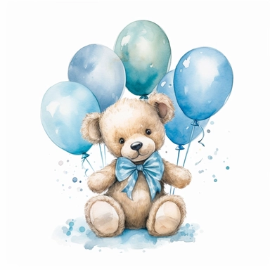 watercolor vintage baby teddy bear blue bow around his neck holding a bunch of neutral blue balloons clipart, photorealistic, detailed watercolor style, on white background