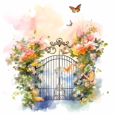A photorealistic watercolor clipart illustration of a high-definition gate to heaven in the heavenly clouds, adorned with ultra-realistic flowers, greenery, and butterflies, isolated on a white background, in the style of ultra-detailed watercolor clipart illustrations, hyperrealistic watercolor clipart illustrations, UHD watercolor clipart illustrations, religious watercolor clipart illustrations, intricately detailed watercolor clipart illustrations, flawless watercolor clipart illustrations, 