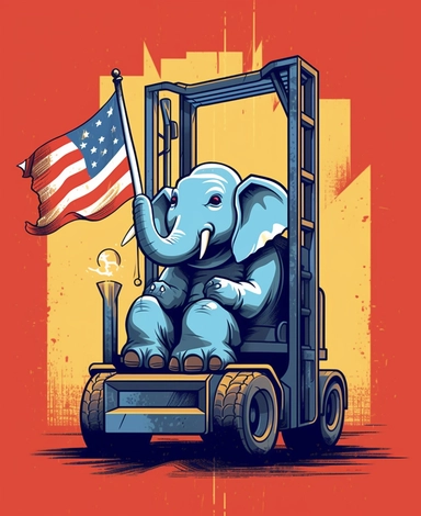 Showcasing a cartoon elephant as a forklift operator, with the design incorporating elements inspired by the American flag, maintaining a patriotic feel. The overall design can appear polished and poignant, with the elephant proudly operating the forklift, that can be used as a sticker, colorful, highly detailed, with a white background, in the style of Pixar clipart, and no cut off edges.
