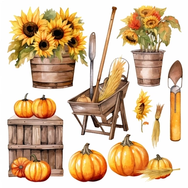 Set of autumn farm elements and products isolated on white background.Hand-drawn farmhouse collection. Watercolor collection of pumpkin,sunflower, rustic wheelbarrow, signpost,hay, basket,watering can. Clip art delicate colours