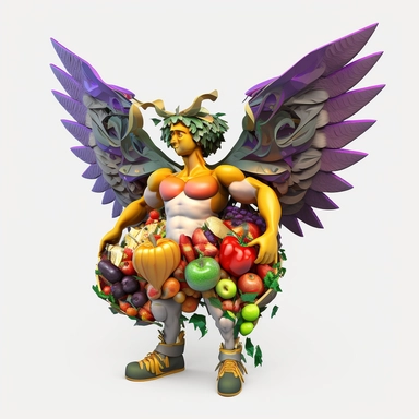 3D Angel Cartoon in the form of vegetables and fruits with many many wings and one halo clipart mascot , with a transparent background, 128K super mega pixel, insane detail, hyper-detailed, with huge details, UHD, 8K