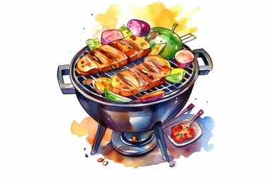 colorful BBQ grill with food, watercolor clip art