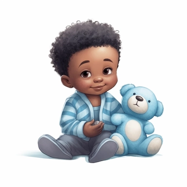 a little black baby boy in baby blue clothes, with a teddy bear, soft illustration, clipart